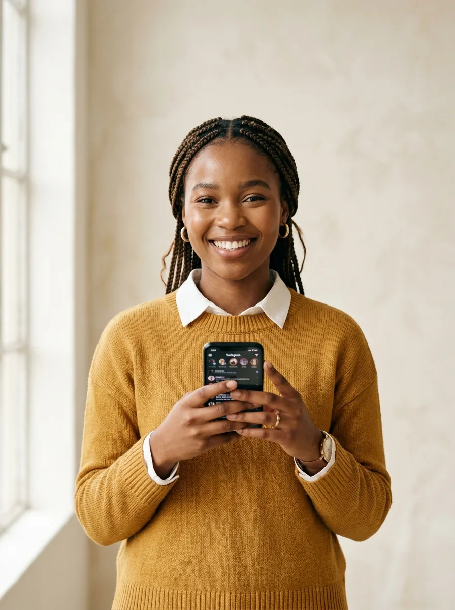 Étudiante souriante utilisant la vitrine de son agence